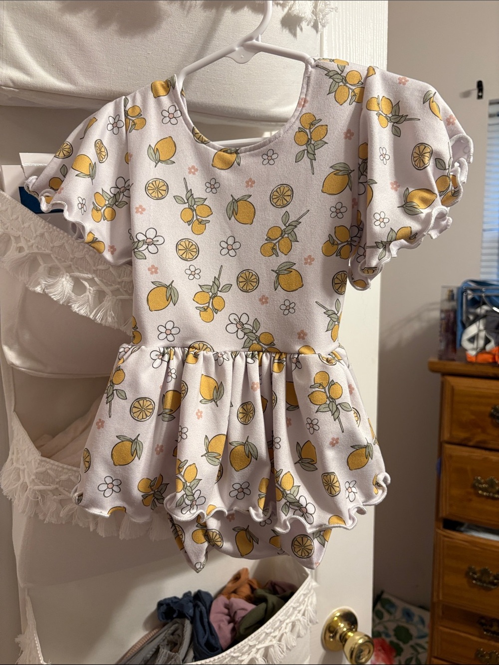 White Baby Peplum Romper with Yellow Lemon Print